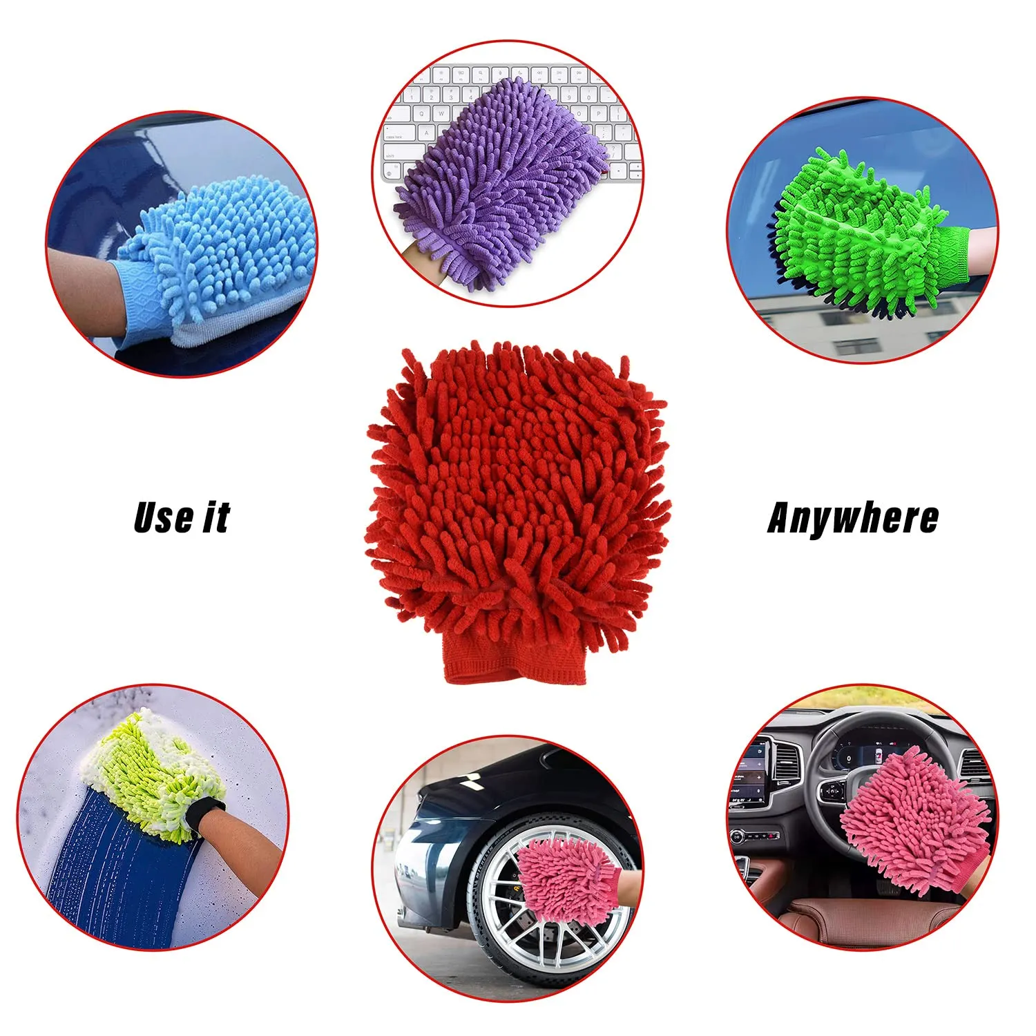 Heart Home Chenille Mitts|Microfiber Cleaning Gloves|Inside Waterproof Cloth Gloves|100 Gram Weighted Hand Duster|Chenille Gloves for Car|Glass|Pack of 4 (Red)